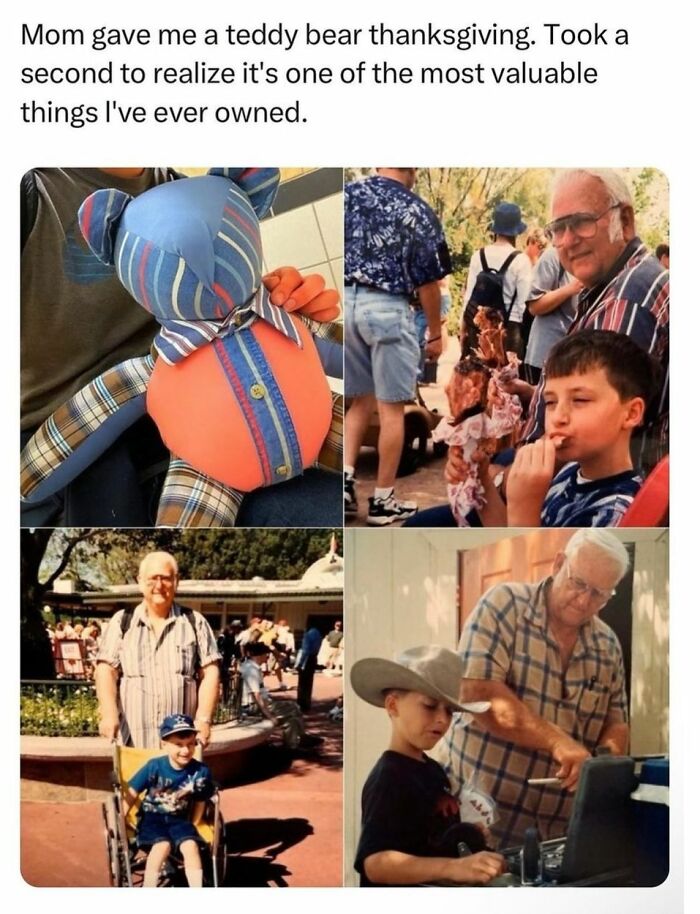 Collage of family memories featuring a handmade teddy bear gift, embodying wholesome kindness posts.