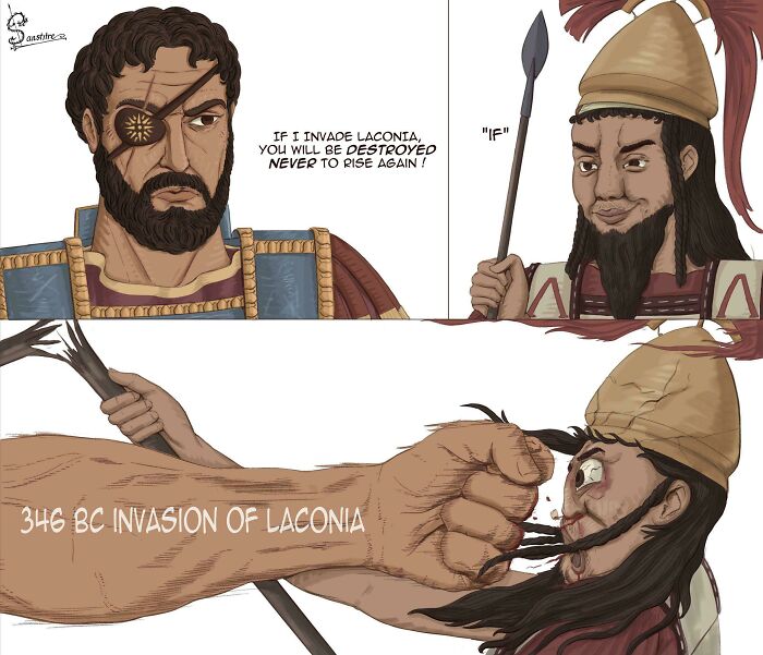 Two ancient warriors exchange words about the invasion of Laconia in a humorous historical meme illustration.