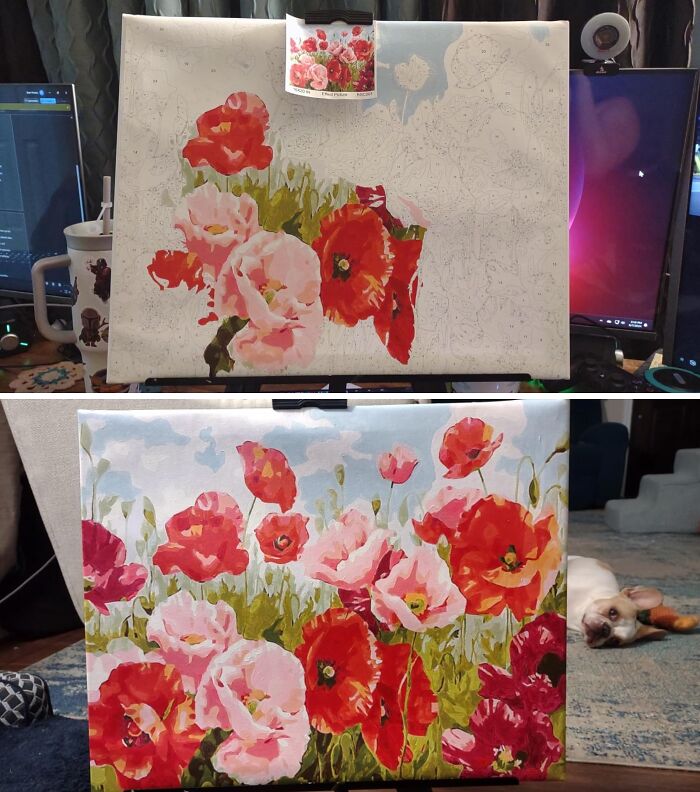 Paint-by-numbers floral artwork on a desk, suitable gift for antisocial people seeking a relaxing hobby.