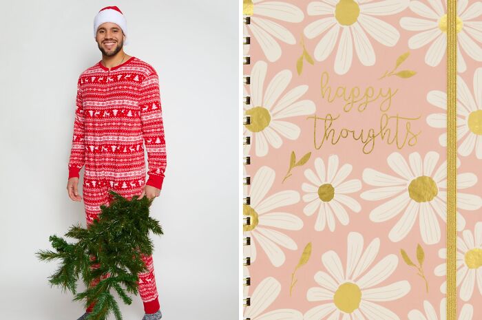 Man in red holiday pajamas with a Santa hat and a notebook with daisy design for secret shopping spots gifts.