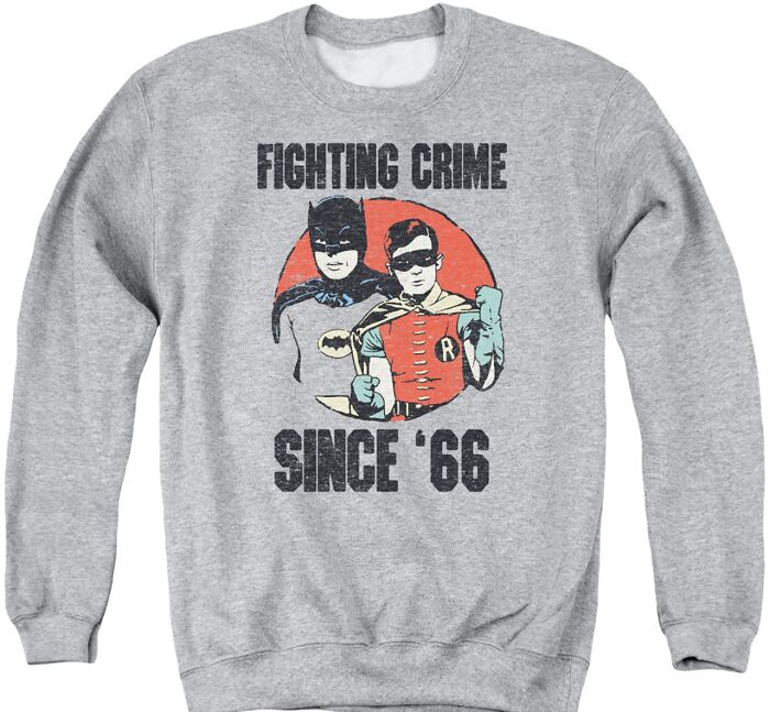 Gray sweatshirt featuring vintage superhero design, ideal for holiday gifts from lesser-known online stores.