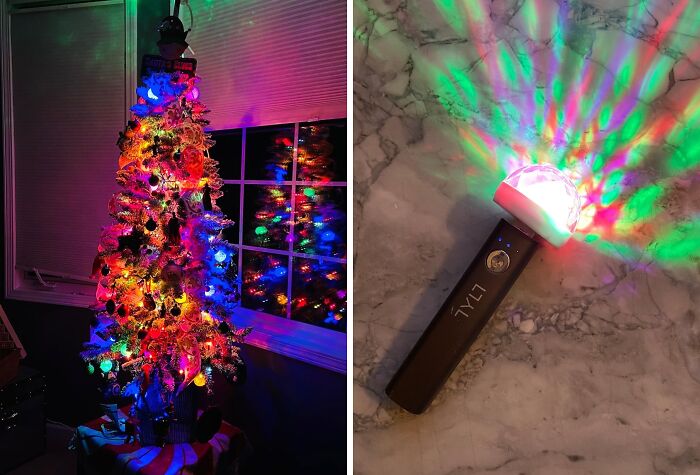 Colorful Christmas tree and disco light stick on marble table; random things with vibrant lights.