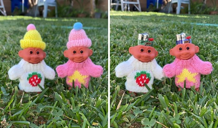 Troll dolls in colorful sweaters on grass, with unique accessories.