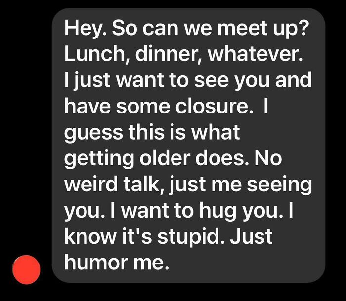 Text conversation illustrating men approaching women, expressing a desire to meet for closure and connection.