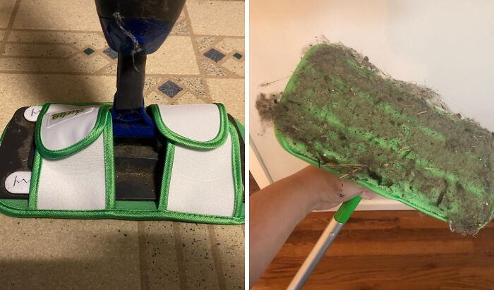 Clever invention for easier floor cleaning, showing a mop with a reusable dust pad attached.