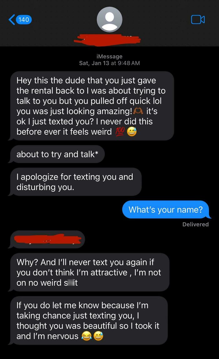 Text conversation screenshot displaying a man nervously reacting after approaching a woman via text.