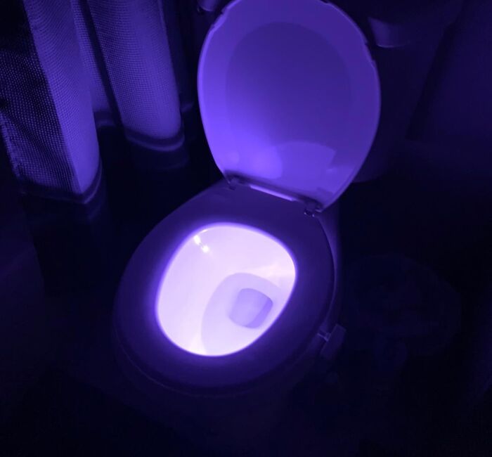 Glowing toilet seat illuminated in purple light for unique bathroom decor.