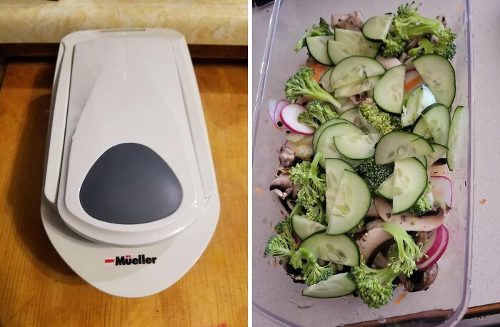 Slicer for vegetables on a wooden counter, creating fresh salad; perfect gift idea to make mom feel extra special this Christmas.