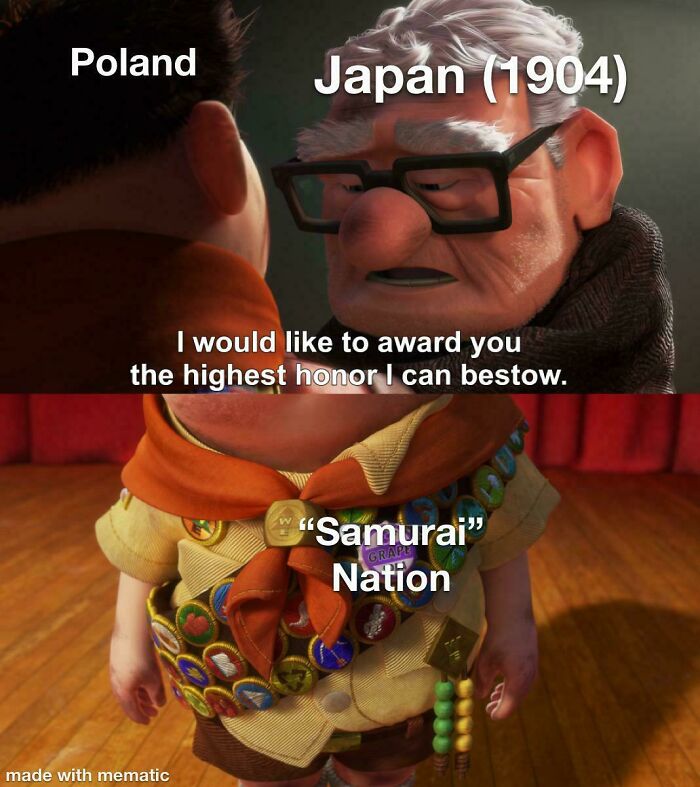 Meme showing characters labeled Japan (1904) and Poland, referencing historical events humorously.