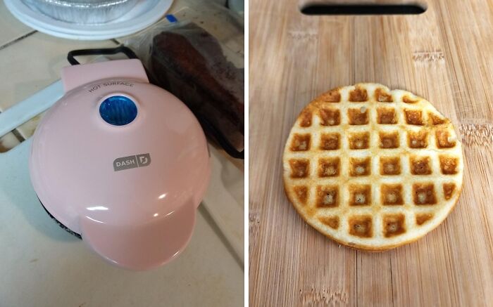 Mini waffle maker and a waffle, perfect for last minute budget gifts.