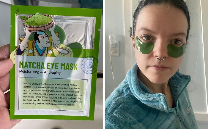 Woman using a matcha eye mask, a perfect last minute budget gift for skincare and relaxation.