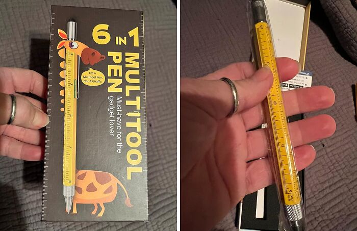 6-in-1 multitool pen in packaging, ideal last minute budget gift for gadget enthusiasts.