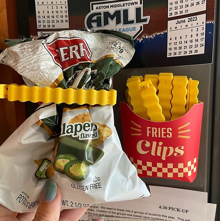 Bag clips shaped like fries holding a chip bag, a unique idea for last minute budget gifts.