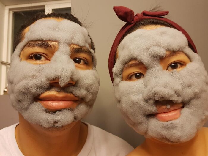 Two people wearing bubble face masks, a fun last minute budget gift idea.