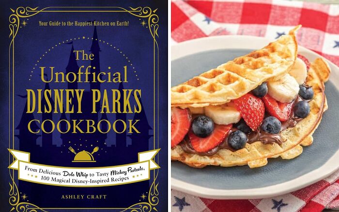 Disney cookbook cover next to waffle with berries and bananas on a plate. Perfect white elephant gift idea.