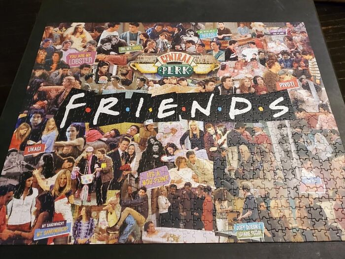 "Friends puzzle collage with iconic scenes, perfect white elephant gift for TV show fans."