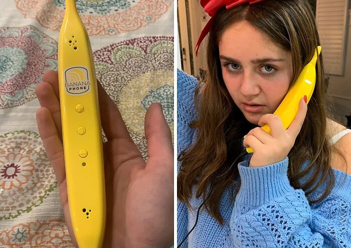 Person holding a banana-shaped novelty phone, a fun white elephant gift.