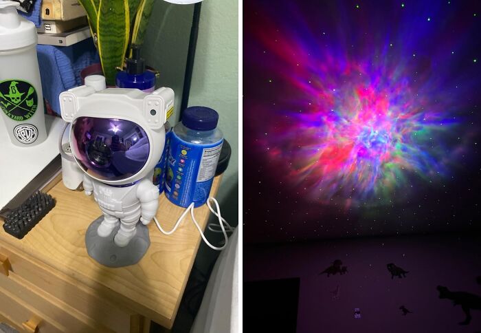 Astronaut lamp on a desk beside colorful ceiling star projector; ideal for White Elephant gifts.