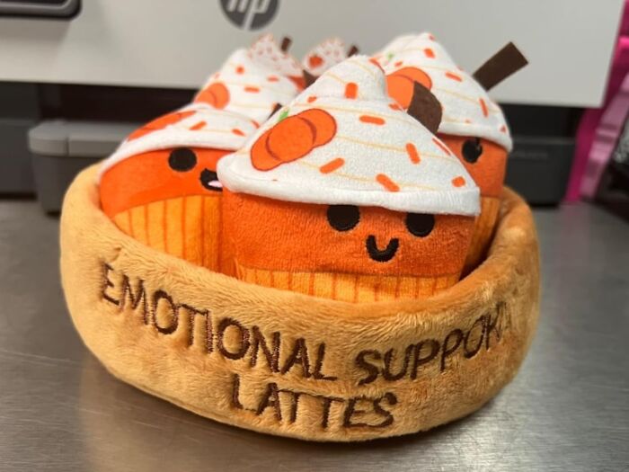 Cute cupcakes in plush toy form labeled "Emotional Support Lattes," perfect for white elephant gifts.