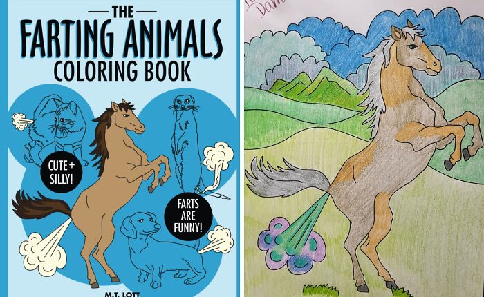 Farting Animals Coloring Book, a humorous white elephant gift idea, featuring illustrated animals passing gas.