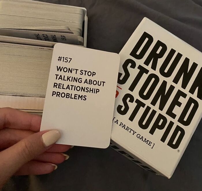 Party game card, "Won't Stop Talking About Relationship Problems," next to "Drunk Stoned Stupid" box, ideal white elephant gift.