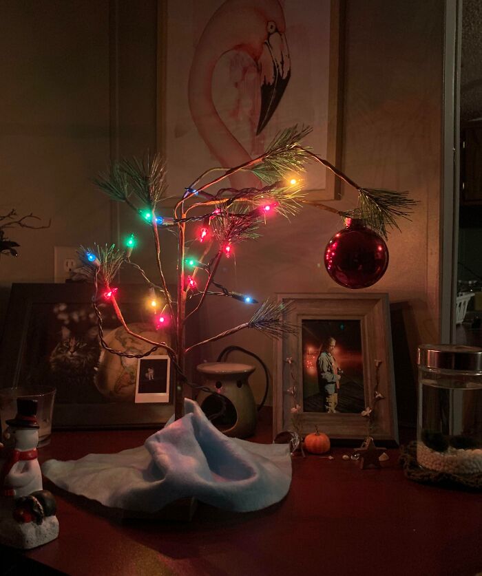 Wholesome Christmas decor with a small tree, colorful lights, and a red ornament on a cozy tabletop setting.