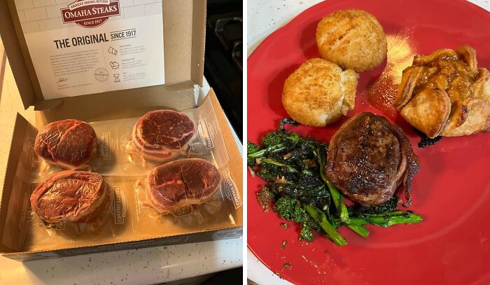 Subscription box with Omaha Steaks and a cooked meal featuring steak, greens, and side dishes on a red plate.