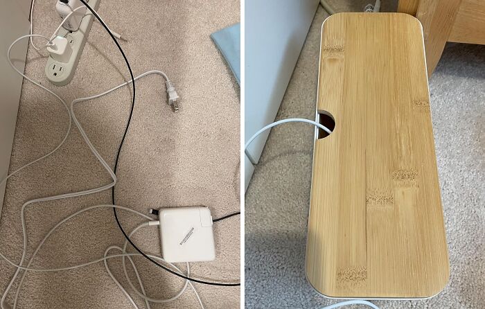 Before and after of cable management using a bamboo organizer to declutter home space.