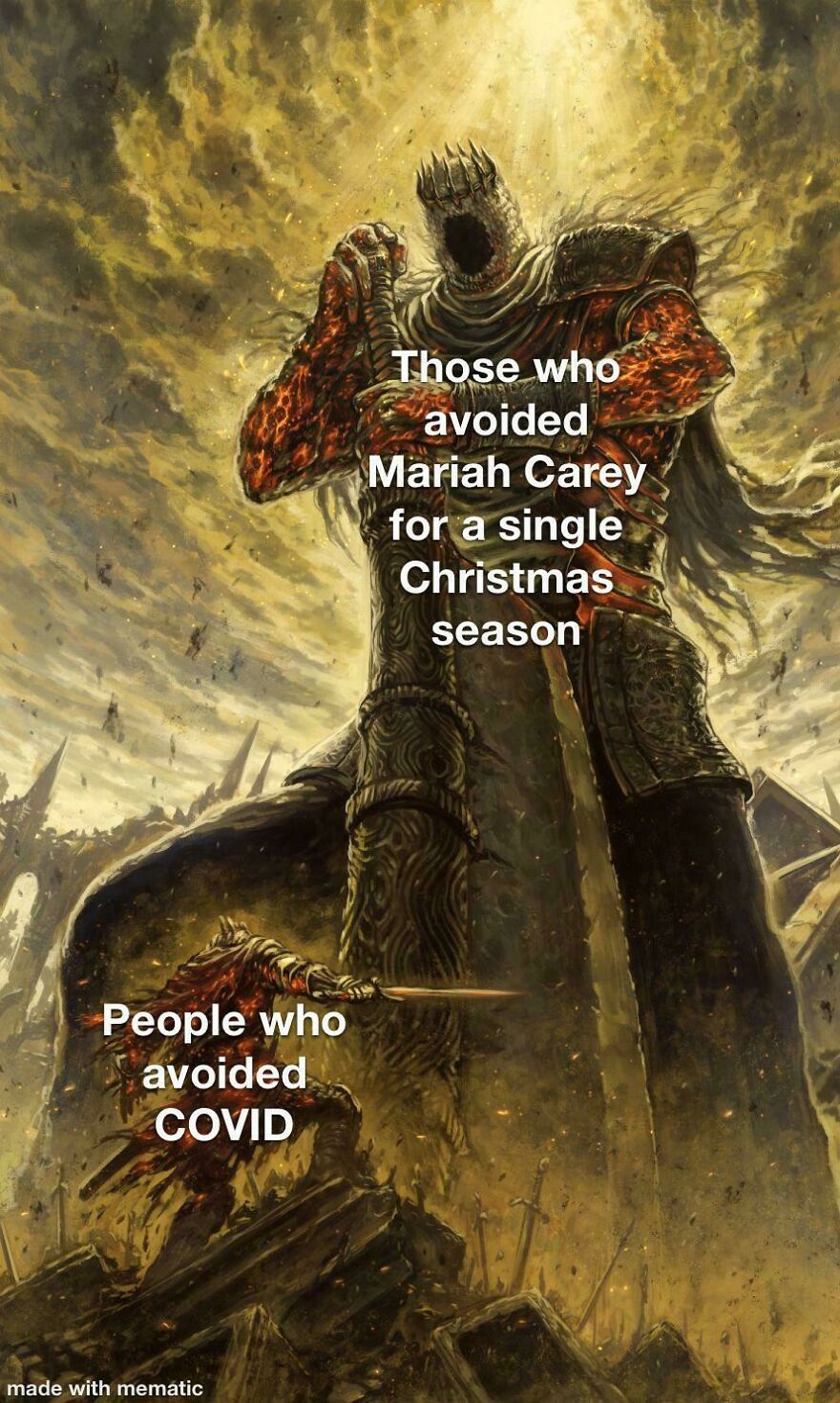 Epic battle with text overlay about avoiding Mariah Carey, referencing funny Christmas memes.