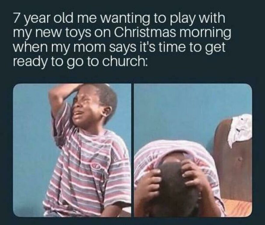 Crying child wearing a striped shirt, frustrated about going to church on Christmas morning; funny Christmas meme.