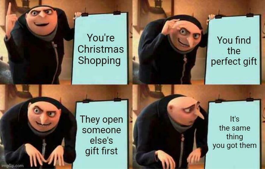 Gru planning meme about Christmas shopping surprises; funny hilarious Christmas meme.