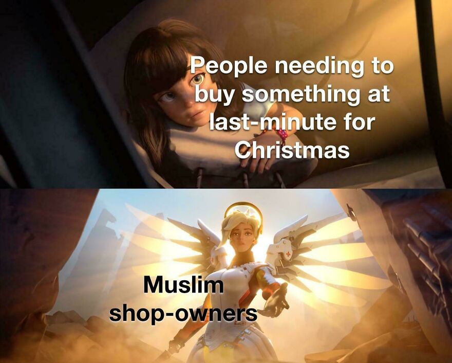 Funny Christmas meme showing a child in bed and a character with angel wings representing shop owners.