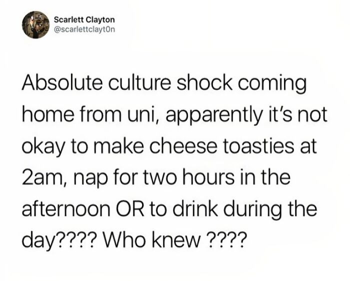 "University life meme about surprising habits at home after uni, mentioning late-night snacks and daytime naps."