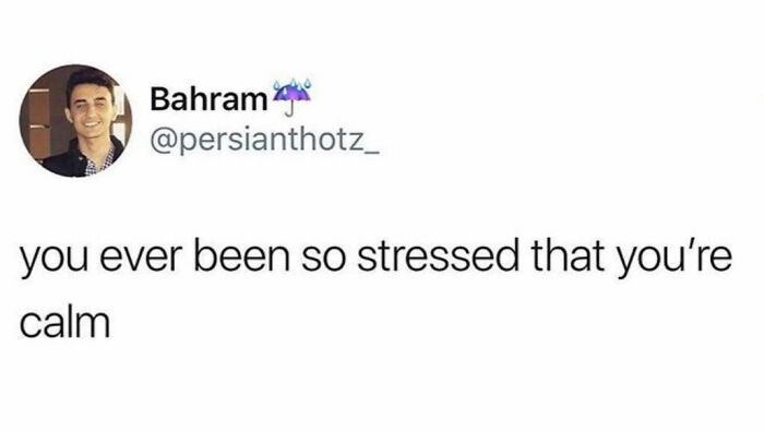 "University Life meme: 'you ever been so stressed that you’re calm' tweet by Bahram."