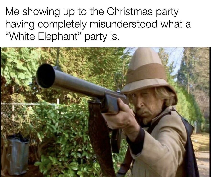 Funny Christmas meme of a person in safari gear mistakenly attending a "White Elephant" party with a rifle.