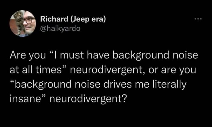 Tweet about neurodivergent preferences for background noise, highlighting a relatable mental health meme.