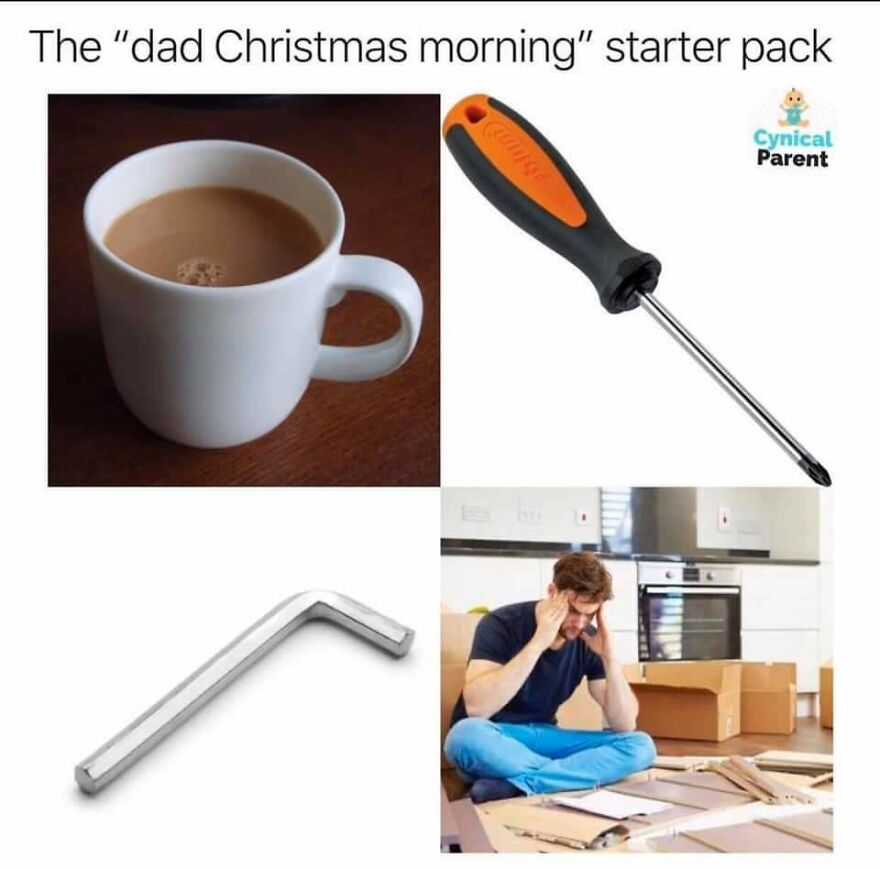 Dad Christmas morning starter pack meme with a coffee cup, screwdriver, Allen key, and frustrated man assembling furniture.