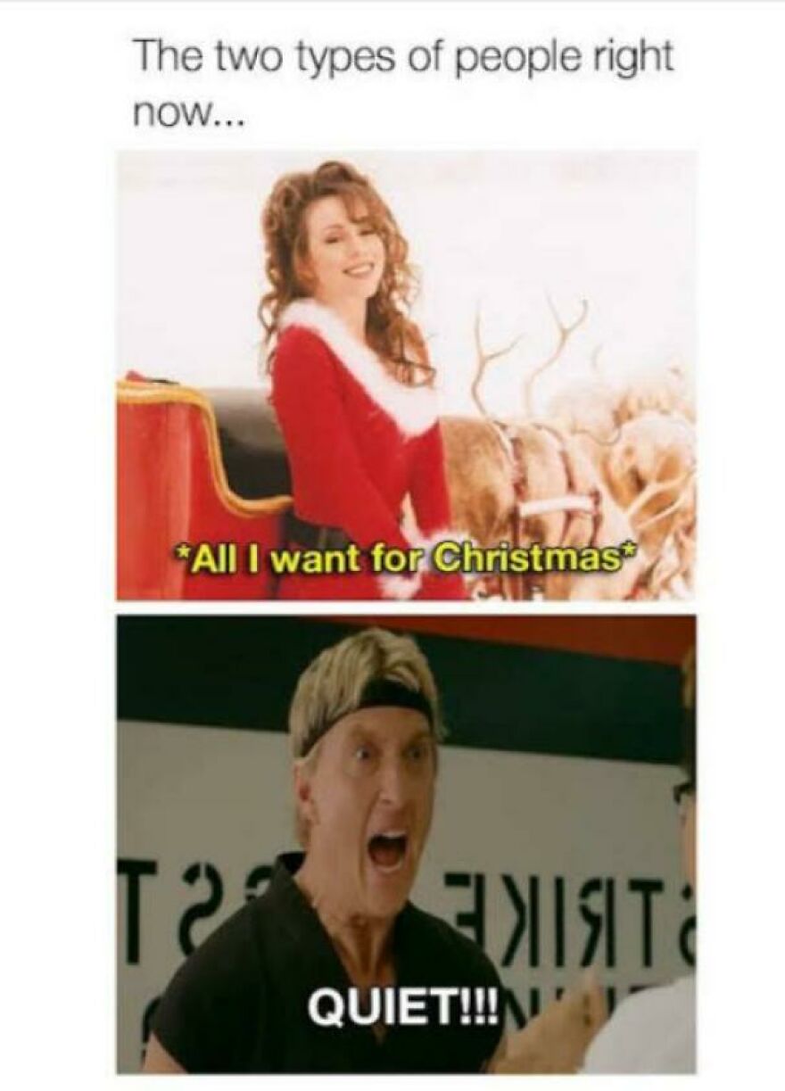 Funny meme contrasting Christmas cheer and frustration with holiday music.