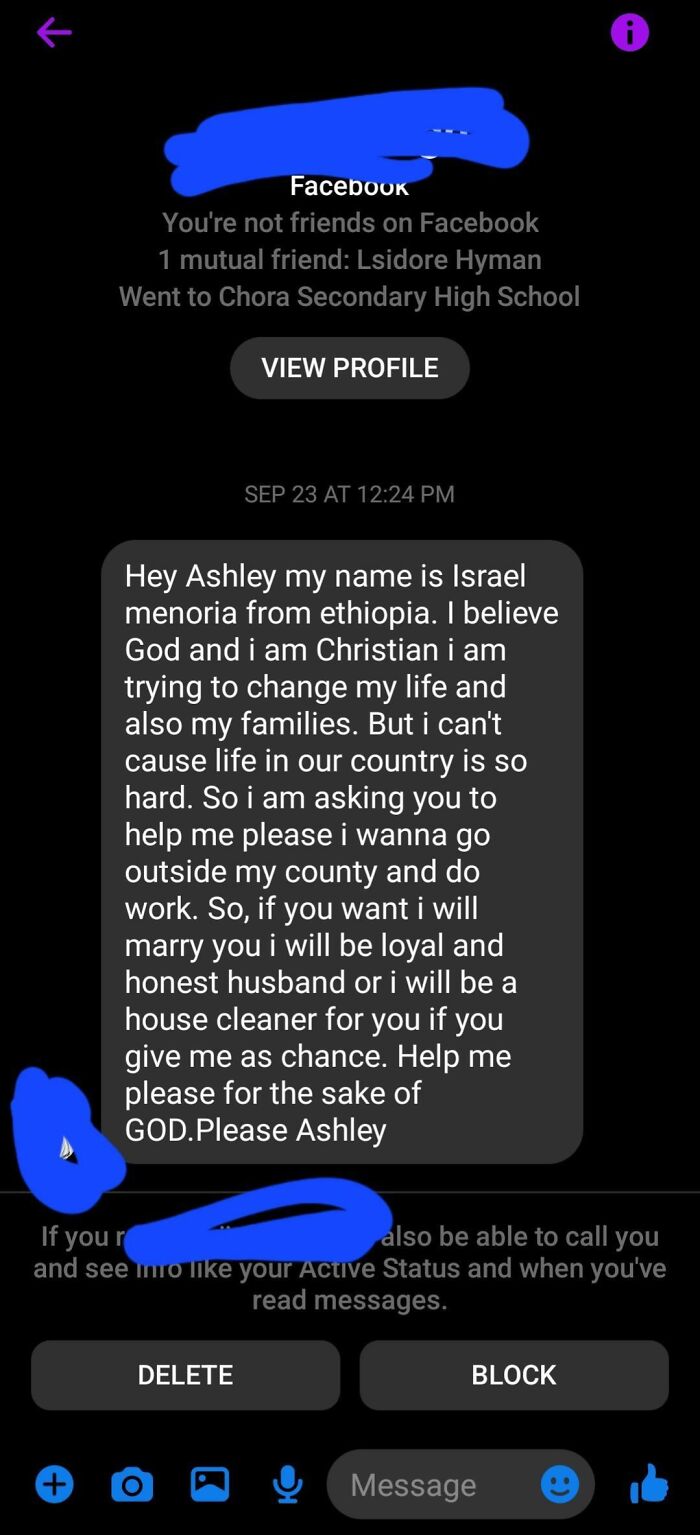 Message from a man approaching a woman on Facebook, asking for help and marriage.