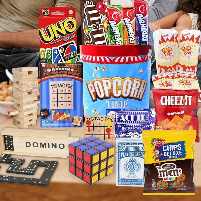 Fun subscription box items include snacks, popcorn, Cheez-Its, chips, cookies, game cards, and a Rubik's cube.