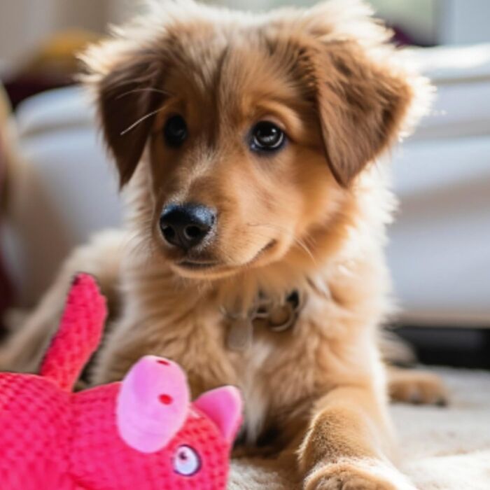 Cute puppy playing with a pink pig toy, perfect for fun subscription boxes lovers.