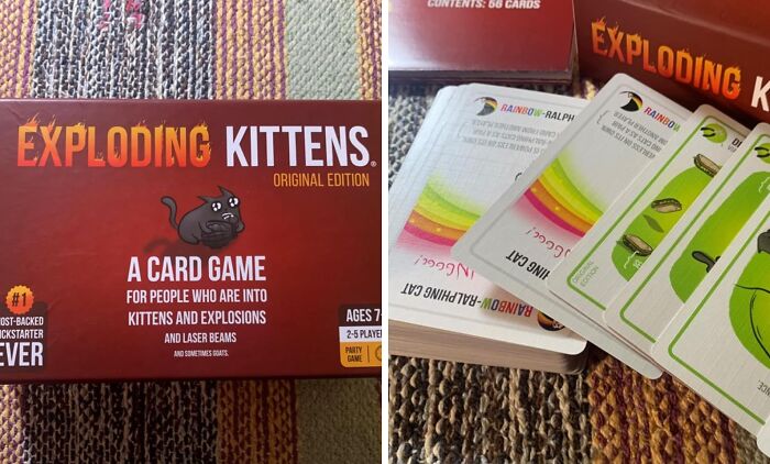 Exploding Kittens card game with box and cards on a woven mat.