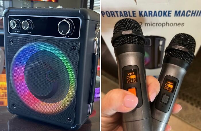 Portable karaoke machine with colorful speaker lights and two microphones, ideal for hosting tips and entertainment setups.