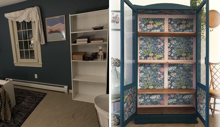 Room upgrades featuring a white shelf and a floral-patterned cabinet transformation.