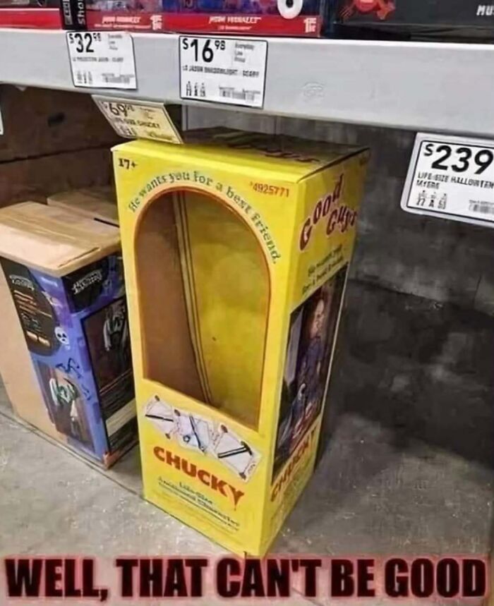 Empty Chucky box on a store shelf with humorous caption; relatable meme from "Now That's Funny" IG page.