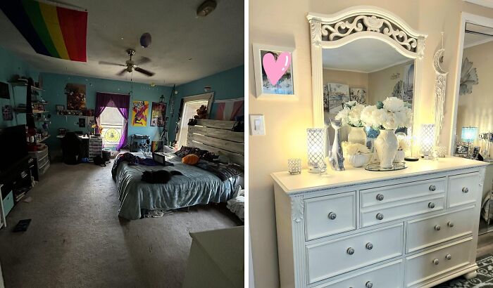 Before and after of a Reddit room upgrade, featuring a transformed bedroom with a bright, elegant dresser.