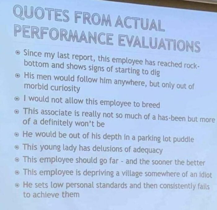 Unhinged and relatable memes: quotes from actual performance evaluations with humorous and sarcastic remarks.