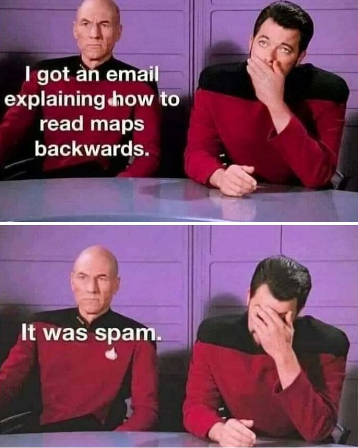 Two men in red uniforms sharing a funny meme about email spam on the topic of map reading.