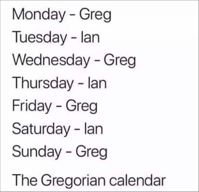 Text meme from "Now That's Funny" page reimagines the Gregorian calendar with alternating days named Greg and Ian.