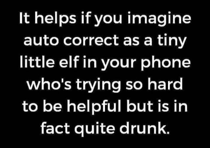 Text overlay meme about imagining auto correct as a tiny drunk elf in your phone.